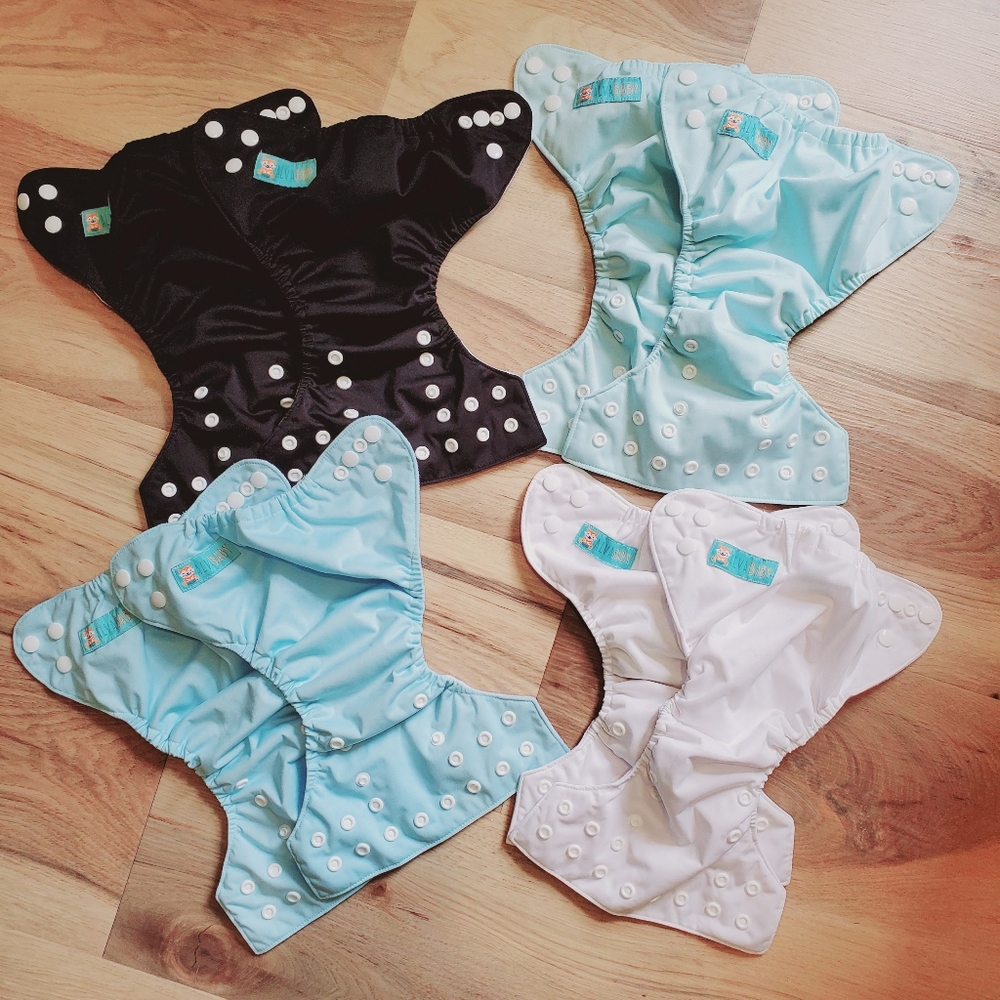 AlvaBaby One Size Cloth Pocket Diapers Bundle - Blue, Mint, Black, White